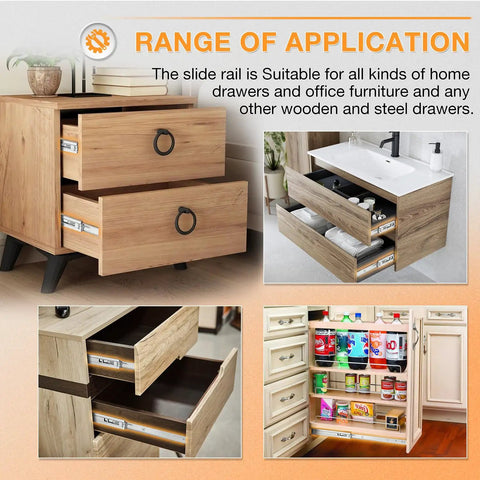 Range of applications for Built Tough Stainless Steel Soft Close Drawer Slides Full Extension Heavy Duty Cabinet Hardware 16 Inch.