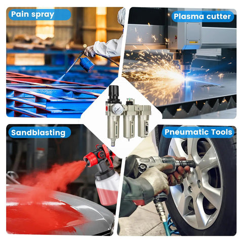 Heavy Duty 3/4 Inch NPT Air Compressor Water Separator With Three Stage Filtration No Fuss Auto Drain used with pneumatic tools in workshop.