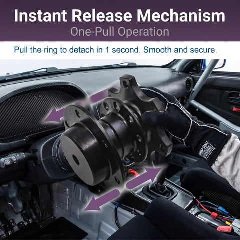 Universal Quick Release Steering Wheel Hub Adapter Kit With Anti Theft Six Bolt Boss Plate and Raised Spacers in use, showcasing instant release mechanism.