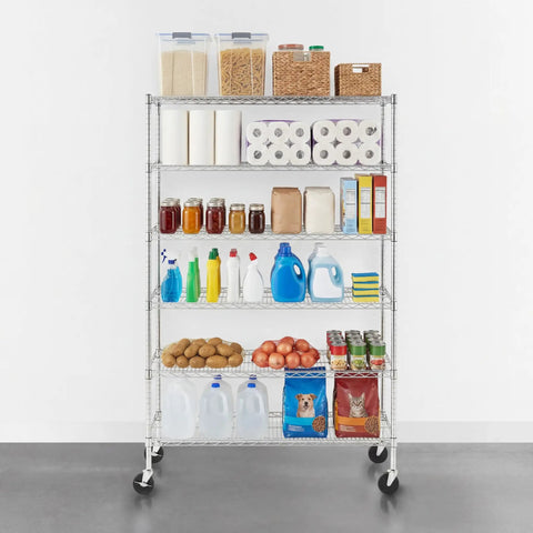 Shop Ready NSF Certified Six Tier Steel Wire Shelving Rack With Solid Locking Casters, Perfect For Garage Refresh And Heavy Duty Commercial Storage, Stands Over Six Feet Tall