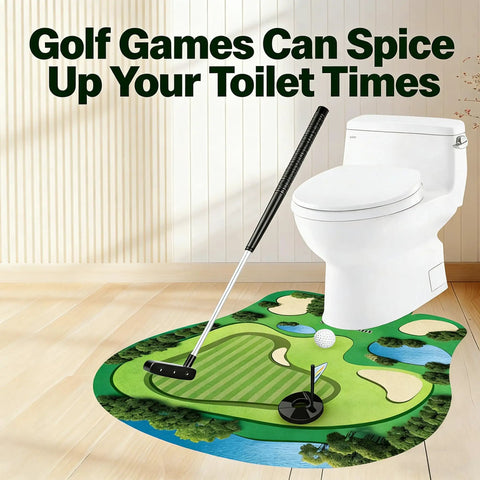 Bathroom Toilet Golf Putting Game For Quick Laughs And Stress Relief setup with toilet, golf mat, and club.
