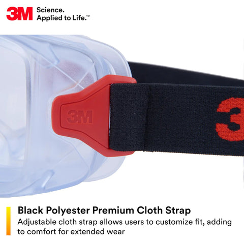 Close-up of GoggleGear Eye Protection Goggles 3000 Series with PVC shroud and black premium strap showing adjustable clasp.