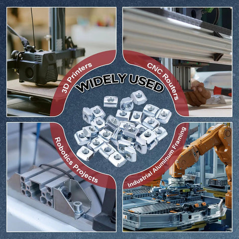 Bulletproof Heavy Duty Hammer Nuts Sliding T Fasteners For 3030 Aluminum Extrusion shown in use for 3D printers, CNC routers, and robotics.