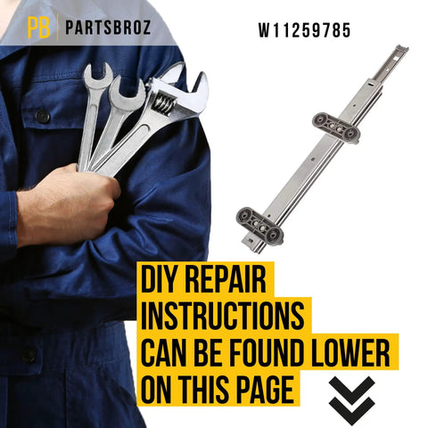 Person in blue overalls with wrenches and Left Side Dish Rack Slide Rail for Dishwasher Replacement W11259785 on white background