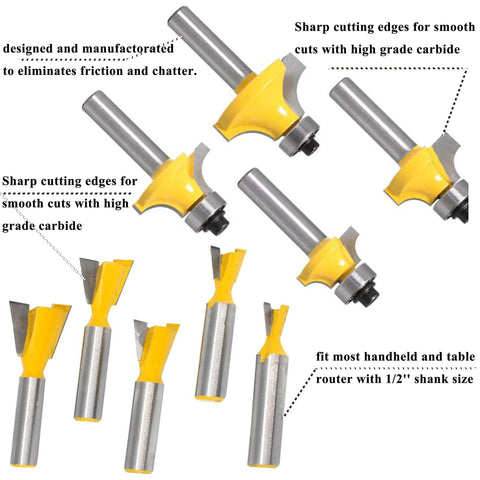 Quarter Inch Shank Crown Molding Router Bit Set Pro Grade 41 Piece Kit showing multiple carbide bits for woodworking use