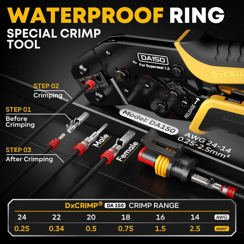Waterproof Automotive Electrical Connectors Crimping Tool Kit Heavy Duty With 1 2 3 4 Pin Plugs And Sockets, Ratchet Crimper For 24 To 14 AWG Wires, Includes Removal Tools For Car Truck RV Boat Wiring Harness