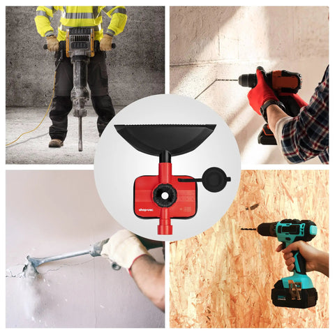 2-In-1 Vacuum Dust Collection Attachment for drilling and drywall cutting shown in use with various tools on job sites.