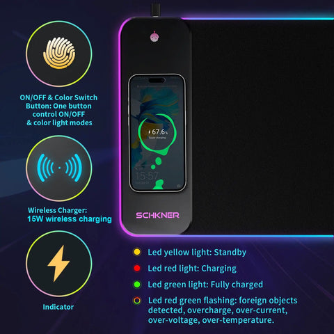 RGB Gaming Mouse Pad With 15W Wireless Charging, Massive 800x300x4mm Desk Mat, showing charging phone and light modes
