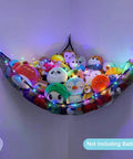 Cozy Plush Toy Hammock With LED Light Kid Friendly Net Storage Organizer with stuffed animals, black mesh, 51x61 inches