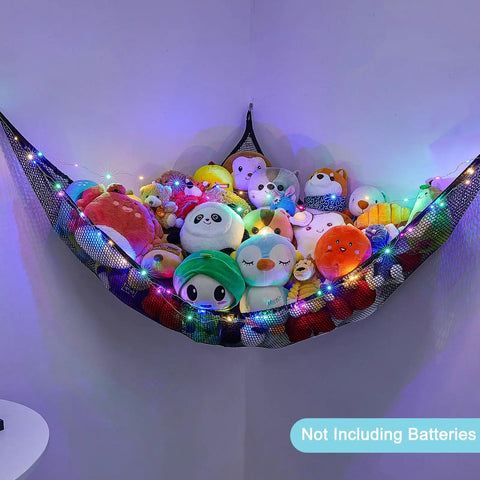 Cozy Plush Toy Hammock With LED Light Kid Friendly Net Storage Organizer with stuffed animals, black mesh, 51x61 inches
