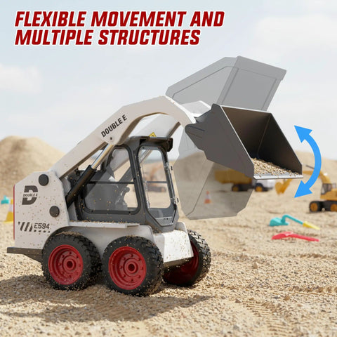 1:14 Scale RC Skid Steer Loader Toy for Kids with 2.4GHz Remote showing realistic digging action, sand in front loader.