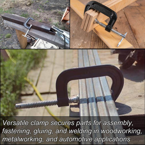 Beefy 4 Inch Malleable Iron C Clamp Set 4 Pack Heavy Duty G Clamp For Woodworking Welding And Building Projects Industrial Grade With Rust Resistant Black Finish, securing wood and metal in various applications.