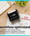 Smooth Time Sensitive Self Inking Rubber Stamp With Bold Red Ink Easy Swappable Pad Clear View Window Quick Setup Every Single Time Built Tough Daily Workhorse on desk with paperwork.