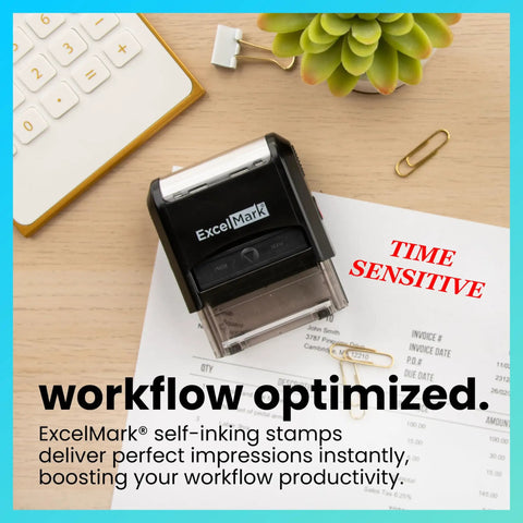 Smooth Time Sensitive Self Inking Rubber Stamp With Bold Red Ink Easy Swappable Pad Clear View Window Quick Setup Every Single Time Built Tough Daily Workhorse on desk with paperwork.