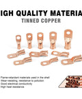 Four Gauge Wire Connectors Kit With Three Eighths Inch M10 Ring Terminals, tinned copper lugs on white background.