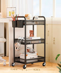 Three Tier Rolling Metal Cart With Wheels For Home Office Craft Kitchen Bedside Storage Dope Utility Cart With Hanging Cups Hooks And Mesh Basket Heavy Duty Black 110 Lbs Capacity next to desk space