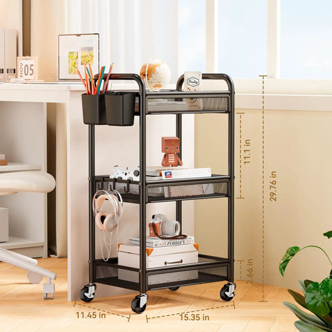 Three Tier Rolling Metal Cart With Wheels For Home Office Craft Kitchen Bedside Storage Dope Utility Cart With Hanging Cups Hooks And Mesh Basket Heavy Duty Black 110 Lbs Capacity next to desk space