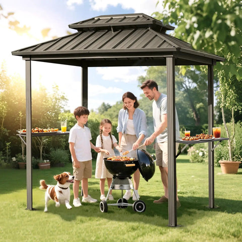 8x6 Grill Gazebo With Double Galvanized Steel Roof Hardtop Canopy Side Shelves And Ceiling Hook For Outdoor Patio Garden