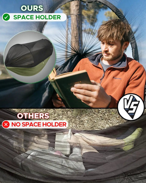 Comparison of two camping hammocks with nets, top shows Camping Hammock With Spacious Net For Indoor Or Outdoor Use Solo Or Duo Comfort.