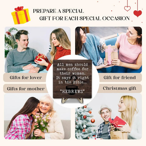 Collage with Cozy Rustic Coffee Bar Sign Plaque for Coffee Station, showcasing diverse gift occasions for friends and family.