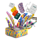 Welly first aid kit tin with bright yellow smiley-face case and assorted colorful adhesive bandages.