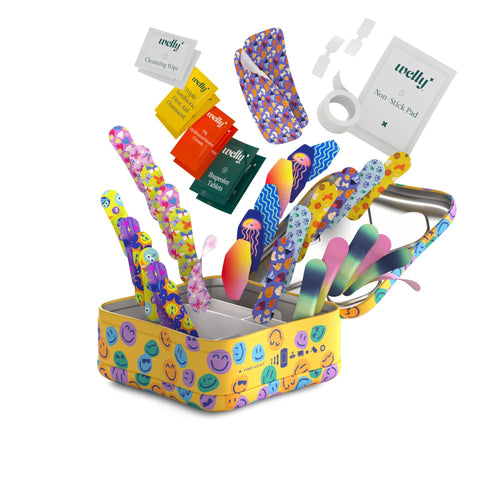 Welly first aid kit tin with bright yellow smiley-face case and assorted colorful adhesive bandages.