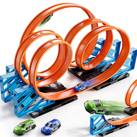 Cool Race Track Car Set For Kids 3 Plus With 5 Rotating Tracks And 2 Small Cars Boys Toy Car Track Set in orange and blue