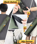 Dual Carry Archery Arrow Quiver For Hip And Back, Quick-Detach Silent Buckle, Foldable Ultra Lightweight 200g in green fabric