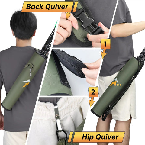 Dual Carry Archery Arrow Quiver For Hip And Back, Quick-Detach Silent Buckle, Foldable Ultra Lightweight 200g in green fabric