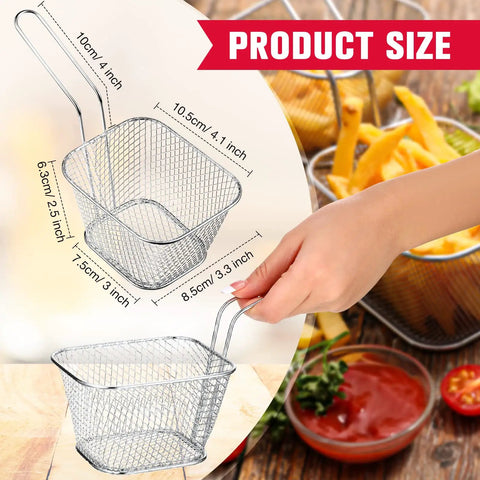 Hand holding 24 Pack Mini Square Fry Baskets Stainless Steel Mesh Holders With Heat Resistant Handles For Crispy Fries At Home Or In The Kitchen Restaurant Barbecue Use Table Side Serving with size dimensions shown.