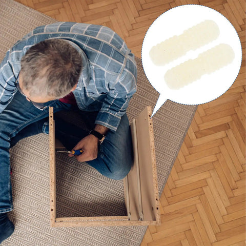 Man assembling furniture using heavy duty nylon shelf dowel pins with threads on both ends white connectors visible in bubble.