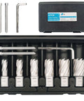 Front view of Techhyren 6-piece annular cutter set in a case with six HSS cutters (1/2"–1-1/16"), two pilot pins, and an L-wrench.