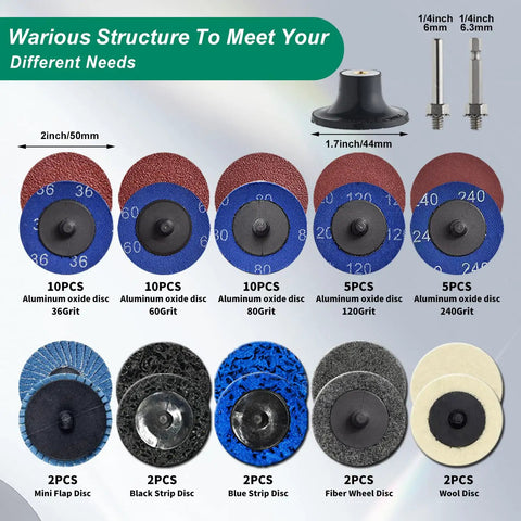 2 Inch Die Grinder Sanding Discs Kit With Quarter Inch Shank Roll Lock Discs for metal grinding and surface conditioning.