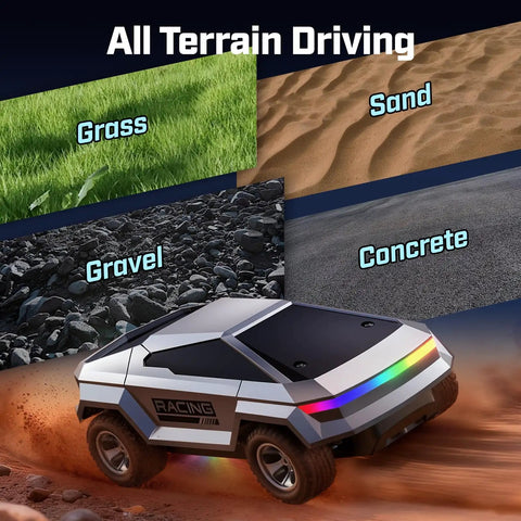 1/24 Scale Remote Control Monster Truck For Kids With Colorful Lights, 2.4GHz RC Car showing all terrain driving on various surfaces