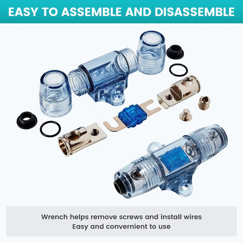 Bulletproof 60 Amp Inline Anl Fuse Holder For Car Audio Subwoofer And Amplifier Setup with screw removal wrench and wiring connections.