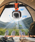 Cordless Portable Standing Fan With 20000mAh Battery, LED Lantern And Remote hanging in tent with adjustable angles