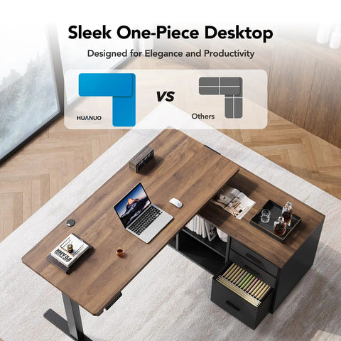 Top view of L Shaped Standing Desk With Electric Height Adjustment And Drawers 55 Inch By 23.6 Inch Walnut One Piece Desk Surface