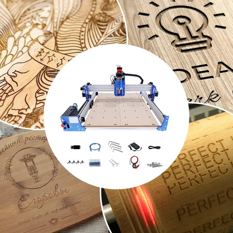 Badass 3 Axis CNC Router Station With 4040 Woodworking Engraver And 110V Desktop Mill For Acrylic MDF Carving Includes Rock Solid Controller Plus Z Probe Heavy Duty 100 Watt Motor displayed with engraved designs on wood.
