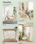 Hangin Hammock Chair With Large Cushy Cushion, Boho Swing Chair For Bedroom, Patio, Balcony Or Garden, Cream White