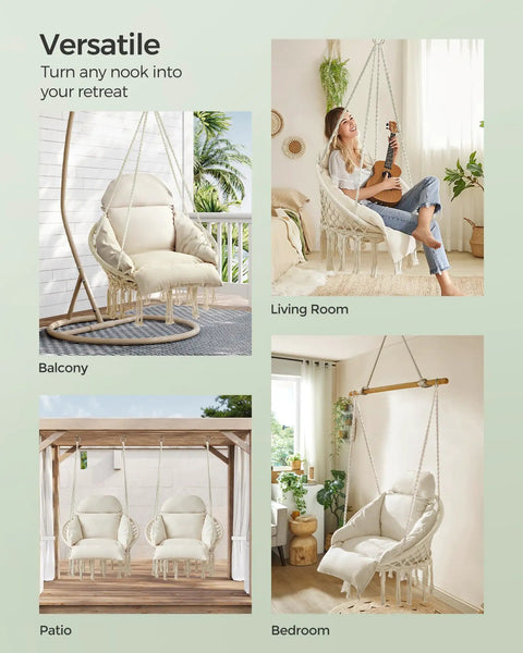 Hangin Hammock Chair With Large Cushy Cushion, Boho Swing Chair For Bedroom, Patio, Balcony Or Garden, Cream White
