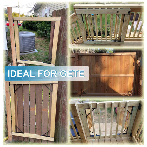 Collage of wood gates with No Sag Gate Corner Brace Bracket Frame Kit showing sturdy support and anti-sag features for outdoor gates.