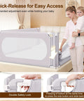Height Adjustable Toddler Bed Rail With Thick Reinforced Guard One Hand Swing Down Safety Bed Rail For King Size Bed 74.8 Inch Easy Nighttime Access And Secure Sleep For Kids shown with quick-release feature in bedroom setting.