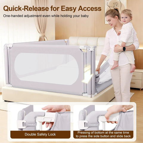 Height Adjustable Toddler Bed Rail With Thick Reinforced Guard One Hand Swing Down Safety Bed Rail For King Size Bed 74.8 Inch Easy Nighttime Access And Secure Sleep For Kids shown with quick-release feature in bedroom setting.