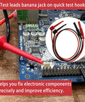 24 Piece Multimeter Test Leads Set With Alligator Clips And Insulation Piercing Probes For 1000V 10A CAT III Meters Like Fluke KAIWEETS INNOVA Voltmeter And Clamp Meter in use on a circuit board.