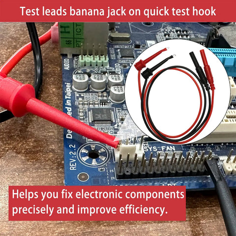 24 Piece Multimeter Test Leads Set With Alligator Clips And Insulation Piercing Probes For 1000V 10A CAT III Meters Like Fluke KAIWEETS INNOVA Voltmeter And Clamp Meter in use on a circuit board.