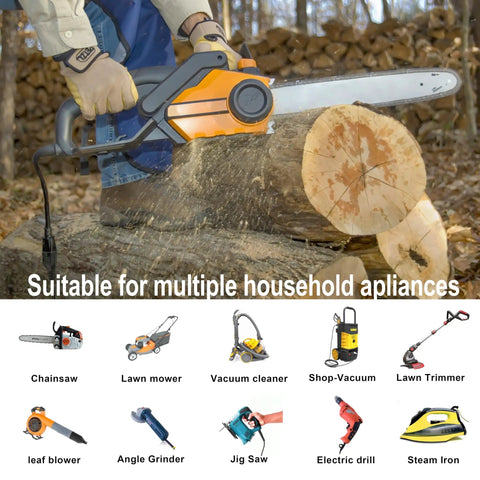 Person using a chainsaw powered by an Outdoor Waterproof Heavy Duty Extension Cord 20 Ft 16/3 SJTW 3 Prong Orange ETL.