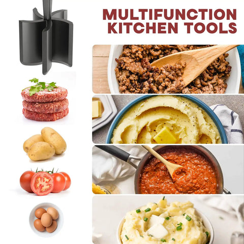 Five Blade Premium Stainless Steel Meat Chopper And Hamburger Press Tool For Fast Ground Beef Crumbling Chicken And Pork Preparation A Straight Up Kitchen Game Changer That Makes Everyday Cooking Completely Effortless with chopped meat, mashed potatoes, and eggs.