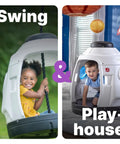 Children playing in Space Capsule Swing For Kids Indoor Outdoor Playhouse Two In One Backyard Playground Set Attaches To A Playset Or Tree Safe And Secure For Ages 3 To 8 Weather Resistant Rope Makes Park Quality Fun At Home