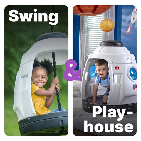 Children playing in Space Capsule Swing For Kids Indoor Outdoor Playhouse Two In One Backyard Playground Set Attaches To A Playset Or Tree Safe And Secure For Ages 3 To 8 Weather Resistant Rope Makes Park Quality Fun At Home