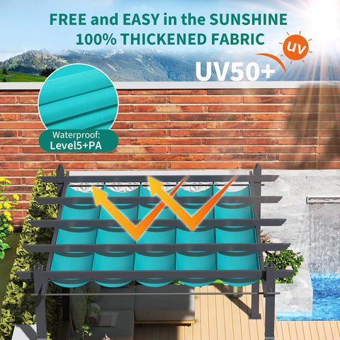Aluminum Pergola With Retractable Canopy And Mosquito Netting, 10x13 Foot Outdoor Pavilion highlighting UV-resistant fabric.